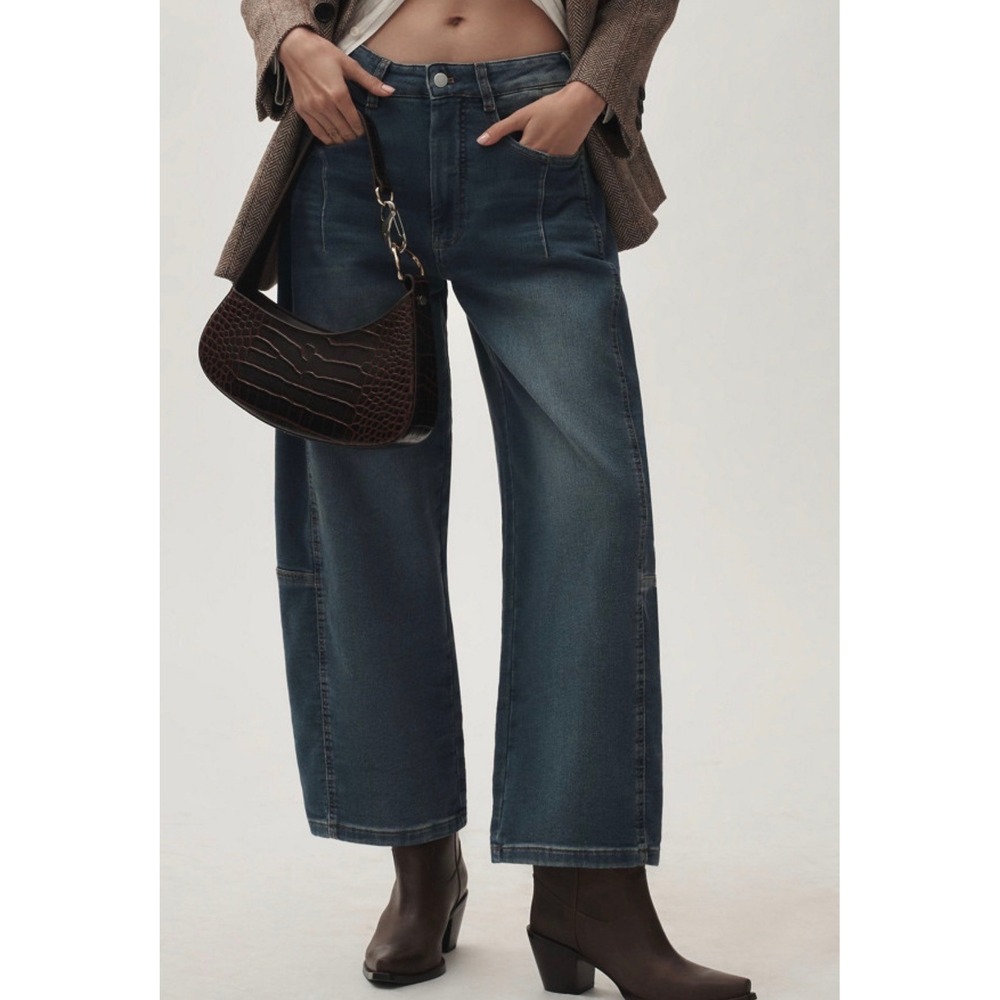 Pilcro Kenna Barrel Jeans 26 Blue High Rise Boho Utility Core Curved Leg Denim